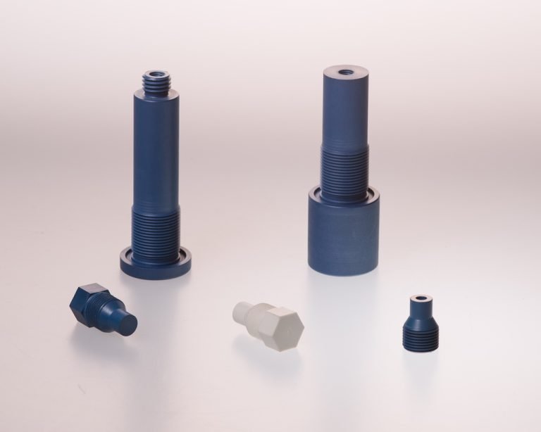 Blauwe en witte CNC-gedraaide kunststof onderdelen met schroefdraad